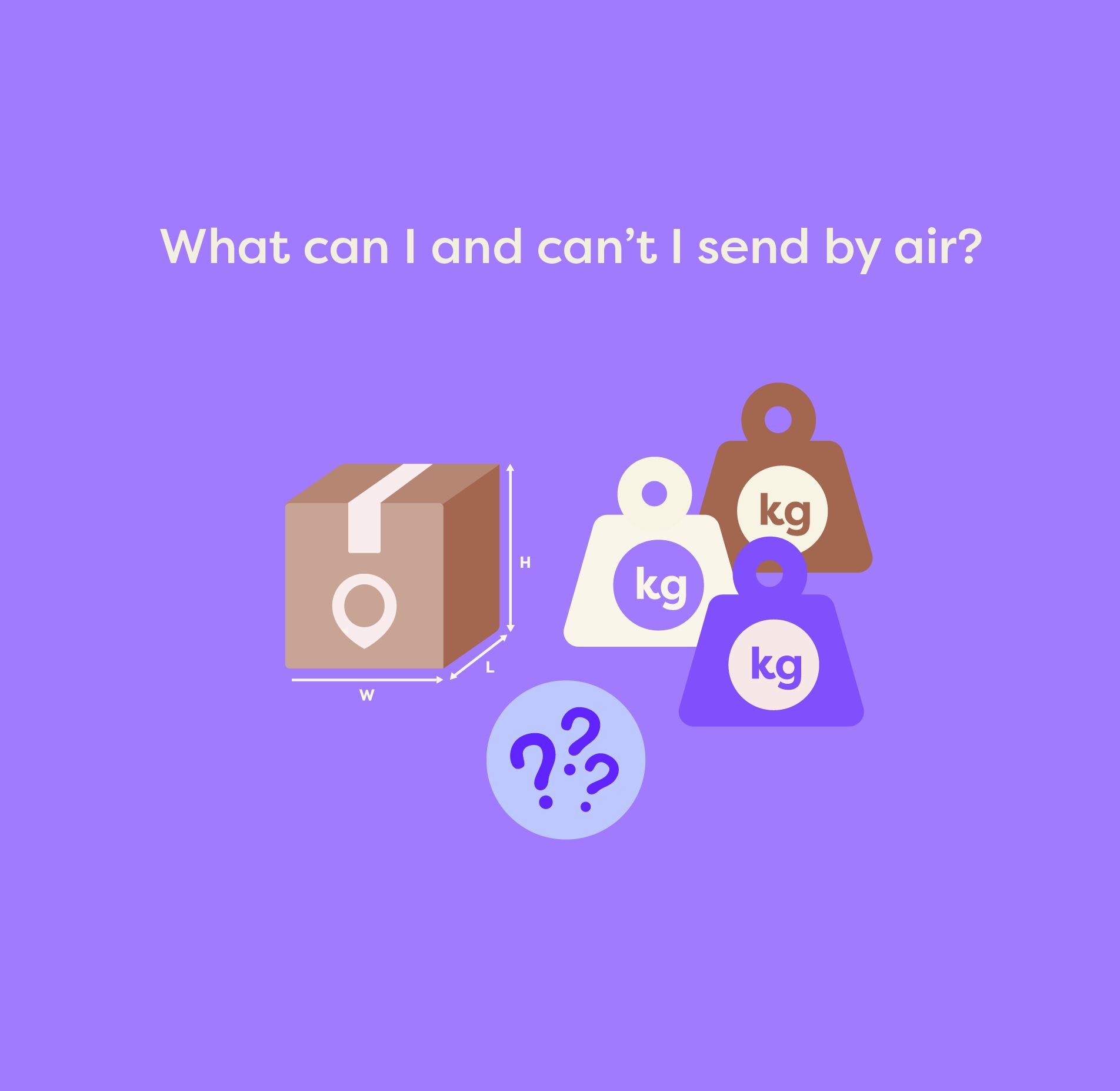 Illustration showing air freight restrictions with package dimensions, weight limits, and question marks for what can and cannot be shipped by air.