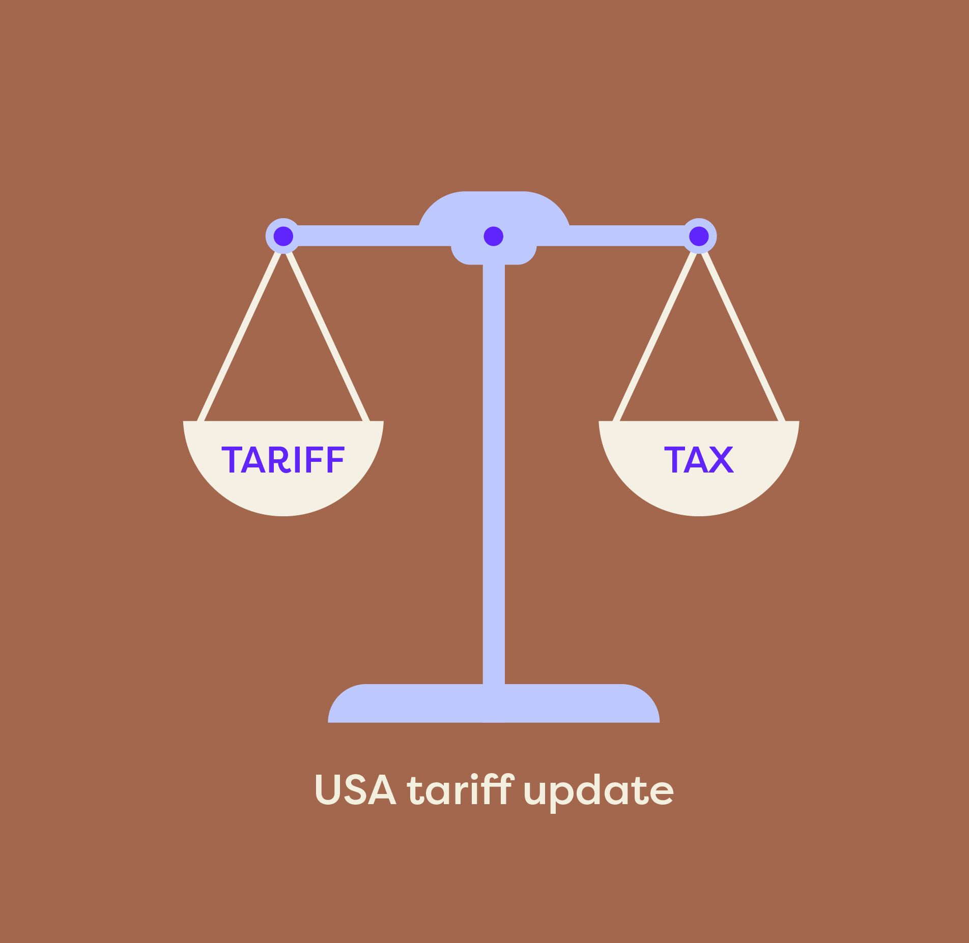 Illustration of tax versus tariff comparison on a balance scale, highlighting a USA tariff update relevant to international shipping and e-commerce compliance.