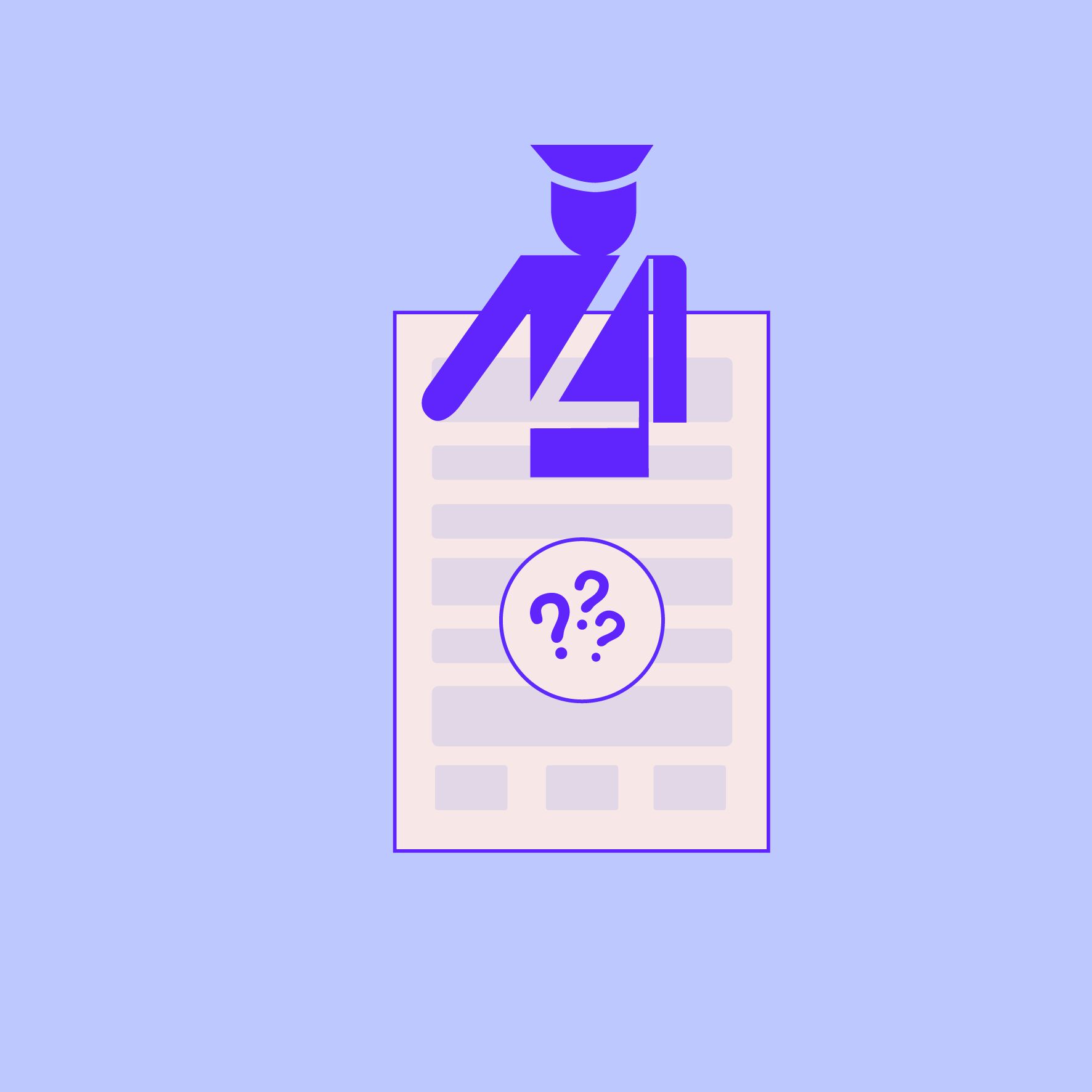 Illustration of a customs officer on top of a form with question marks, representing uncertainty around customs declarations in international shipping and e-commerce logistics.