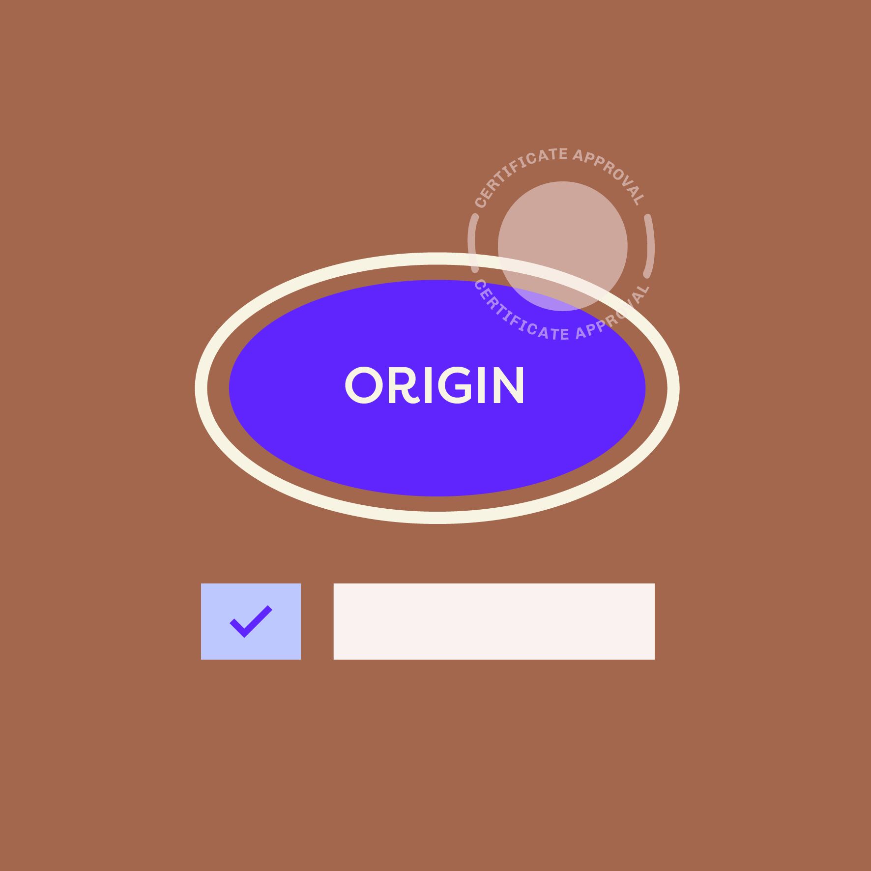 Certificate of origin approval graphic for e-commerce and international shipping compliance, featuring a bold “Origin” label and verification checkmark on a brown background.