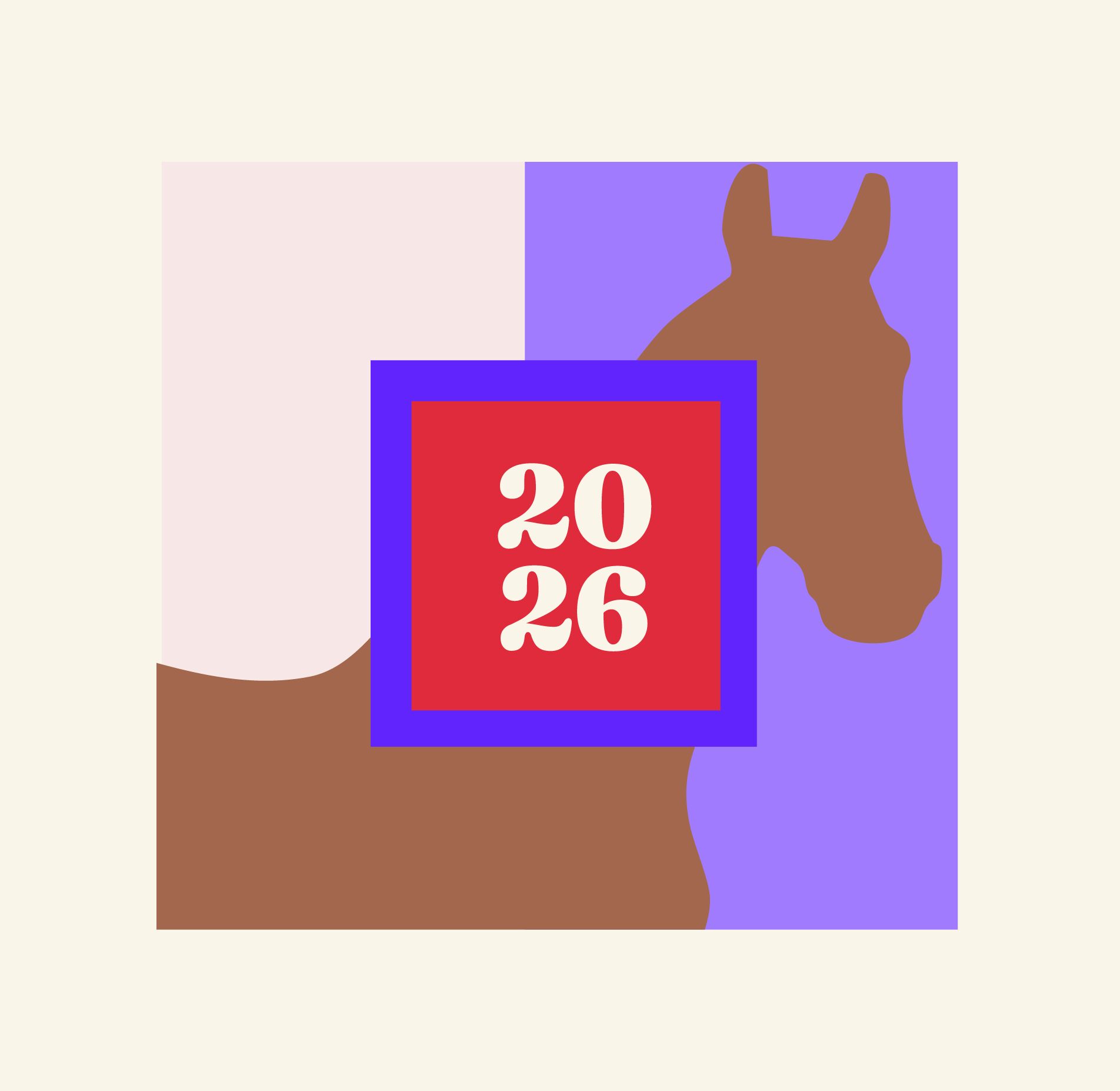 Illustrated horse silhouette with a red and purple '2026' badge, marking the year ahead for shipping schedules.