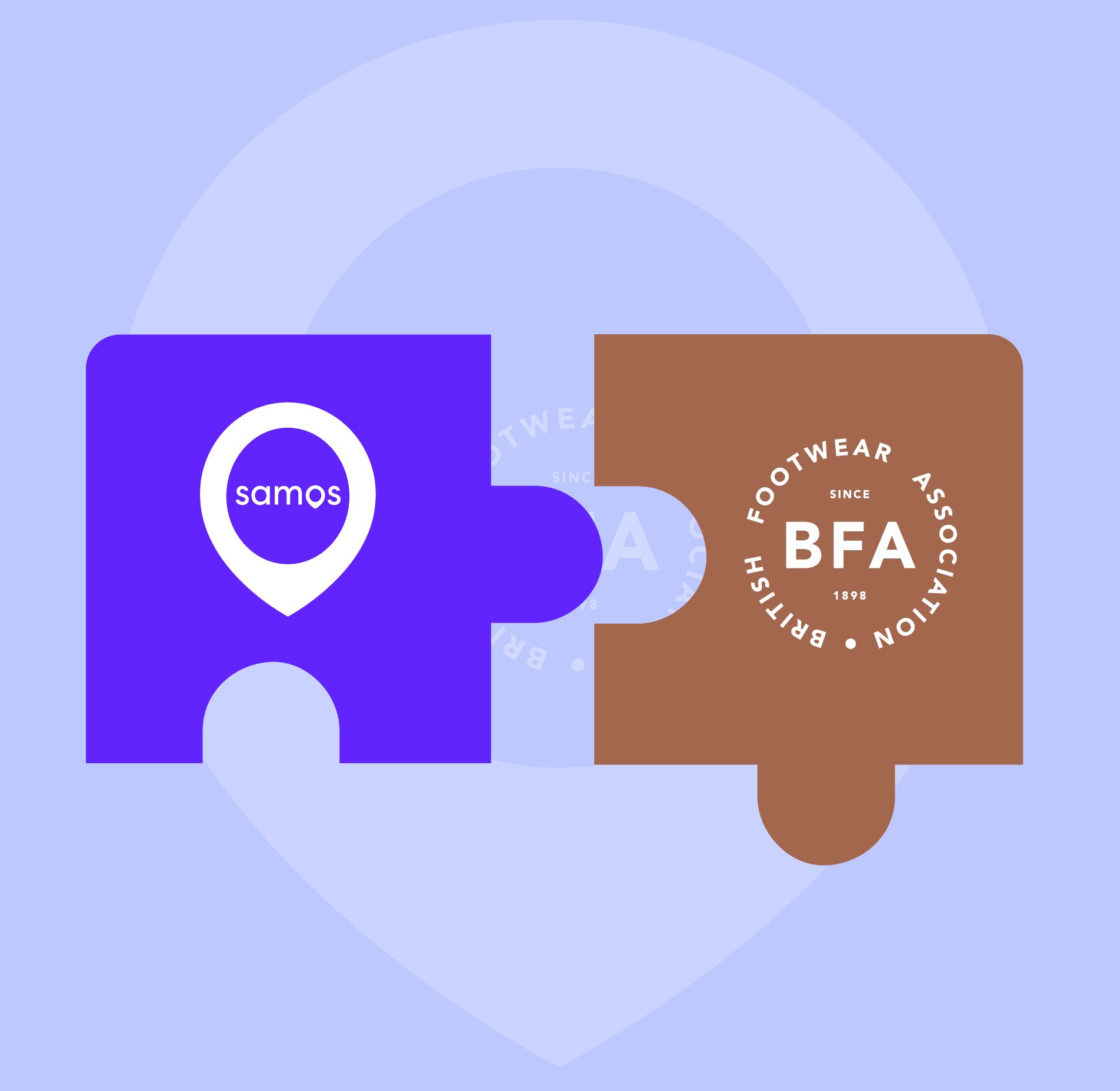 Interlocking puzzle pieces with the Samos logo and British Footwear Association (BFA) logo, symbolizing a partnership.