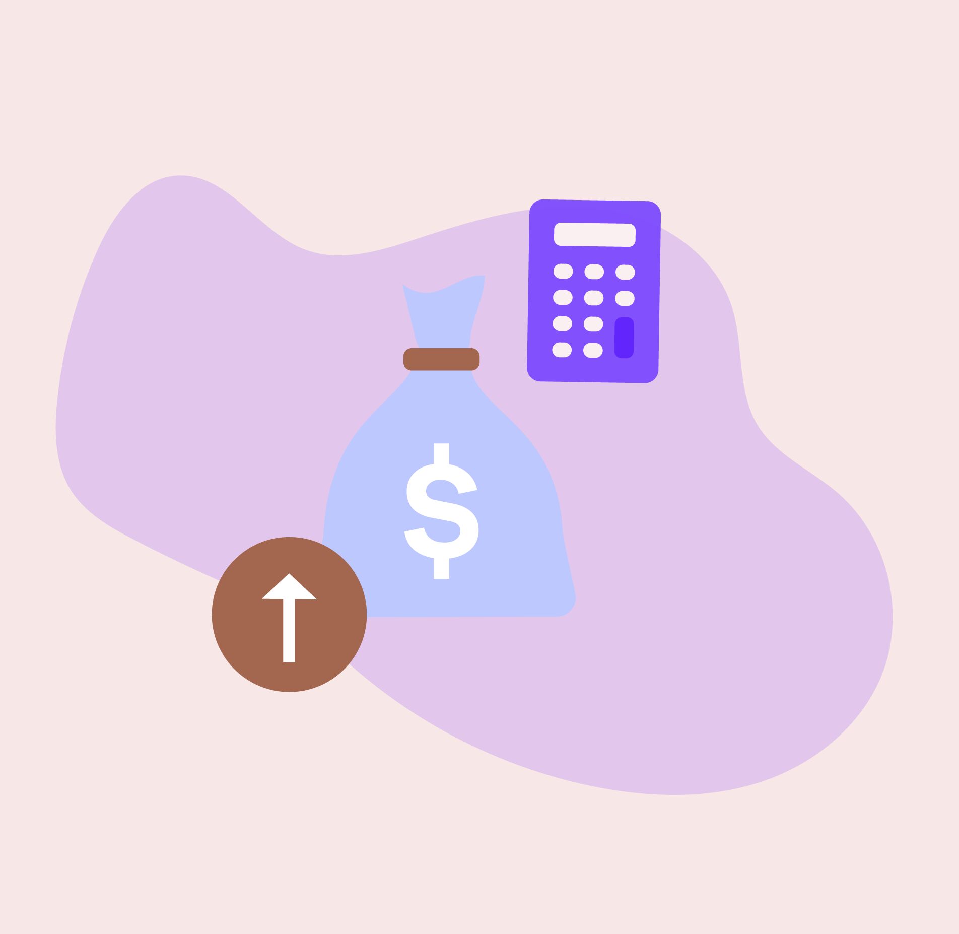 Icon of a money bag, calculator, and upward arrow representing shipping cost calculations and increased savings.