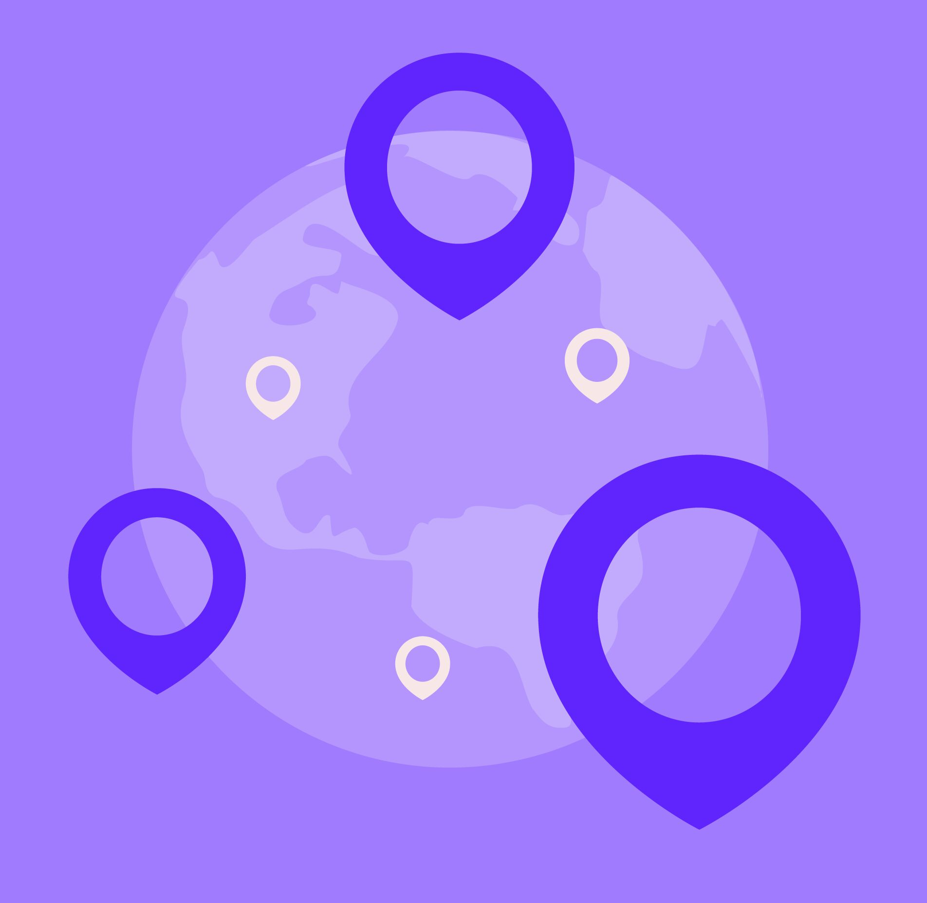 Illustration of a globe with multiple location pins marking global delivery destinations.