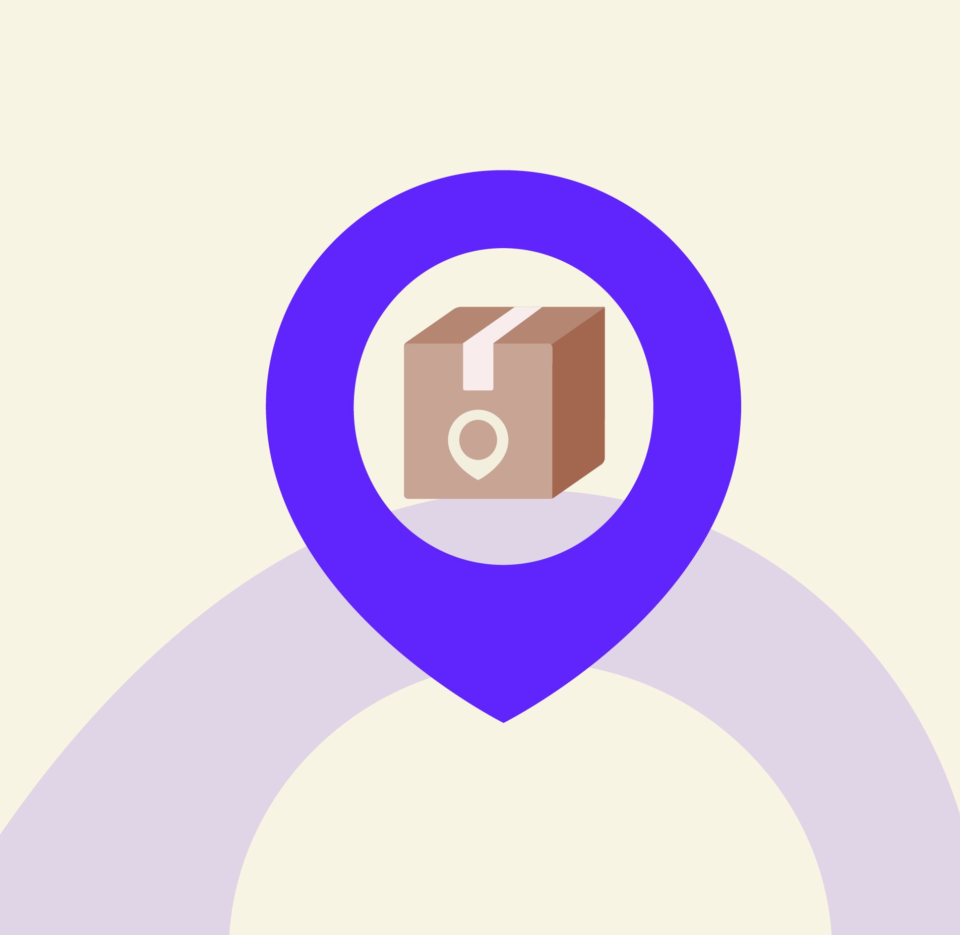 Illustration of a location pin containing a package box with a location tracking icon, symbolizing delivery tracking.