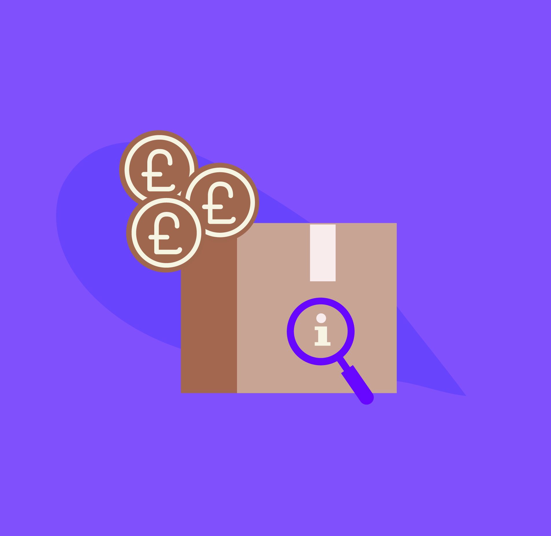 Icon of a parcel box with pound coins and a magnifying glass over an info symbol, representing delivery cost information.