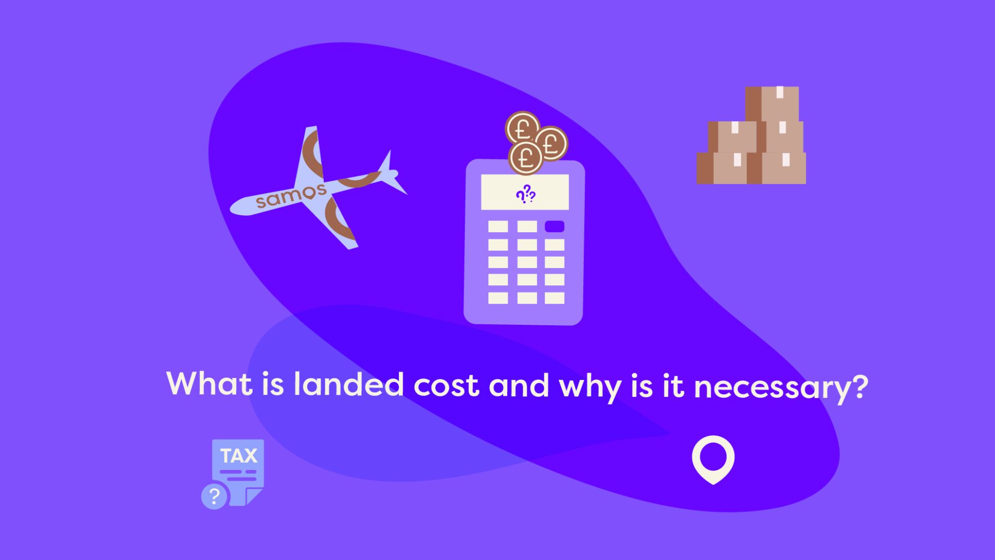 Illustration with plane, calculator, coins, tax form and boxes titled 'What is landed cost and why is it necessary?'