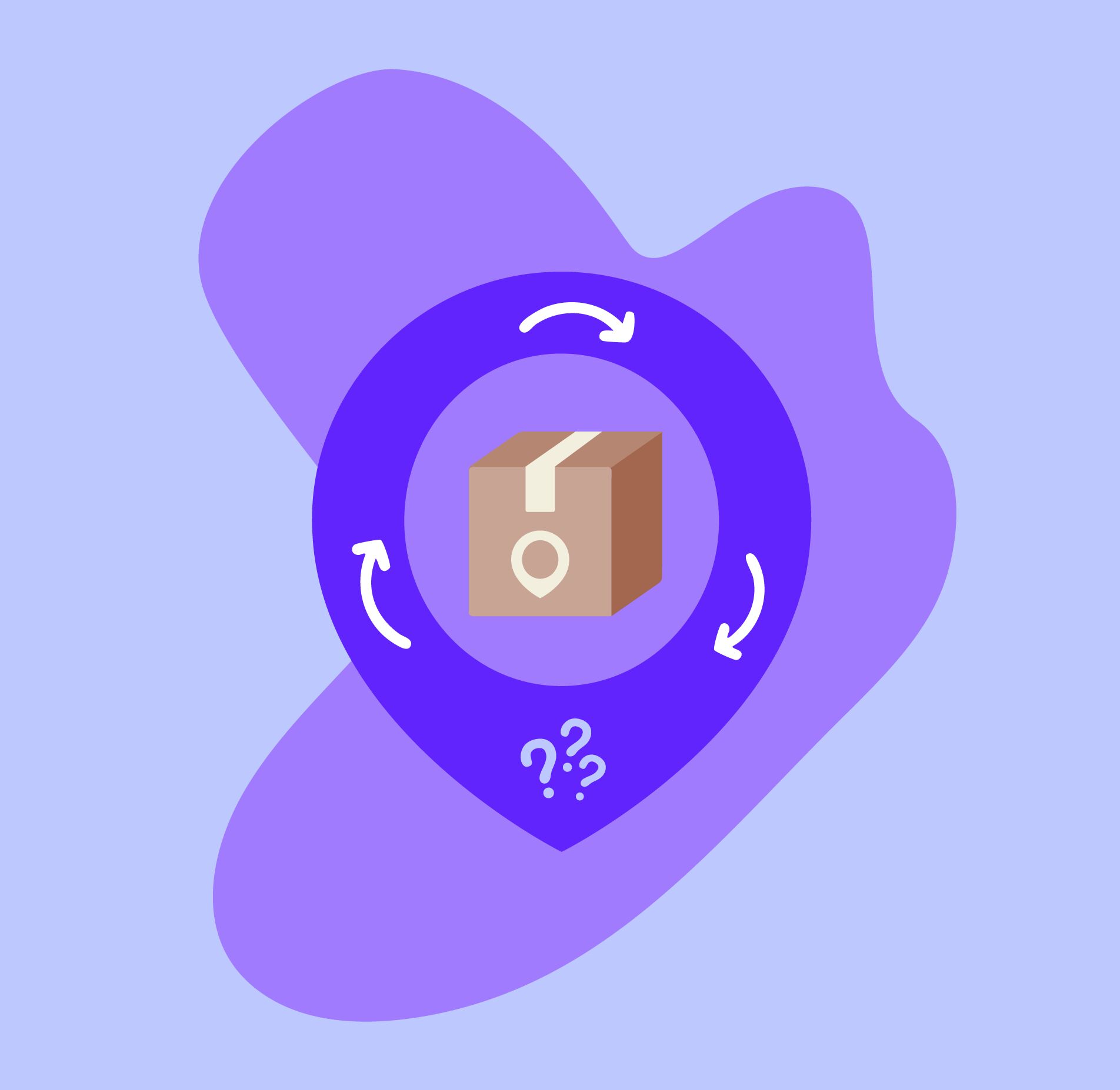 Location pin icon with a package, location marker, refresh arrows, and question marks representing package tracking status queries.