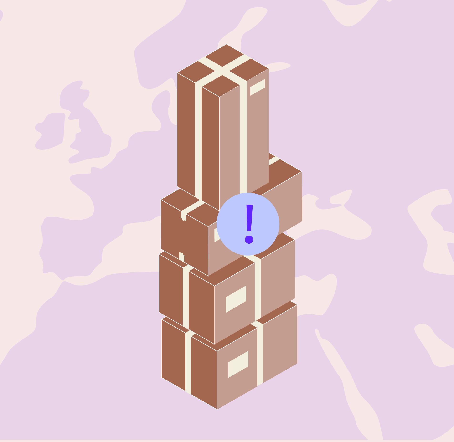 Illustration of a tall stack of taped parcels with an alert icon, over a Europe map background, symbolizing a shipment notice.