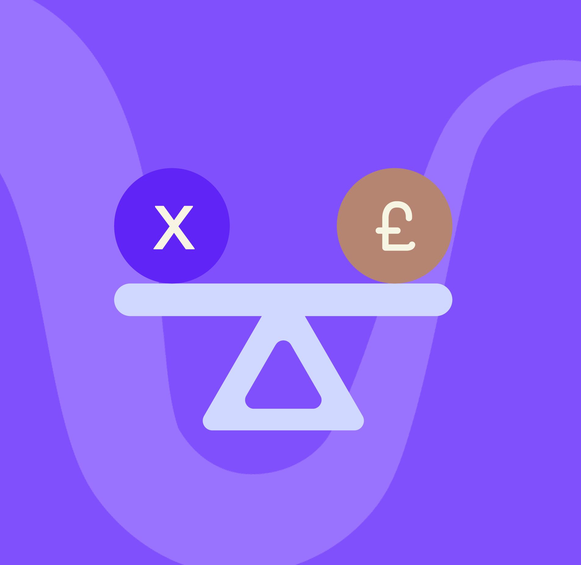 Illustration of a balanced seesaw comparing an X symbol against a British pound coin, representing cost comparison.