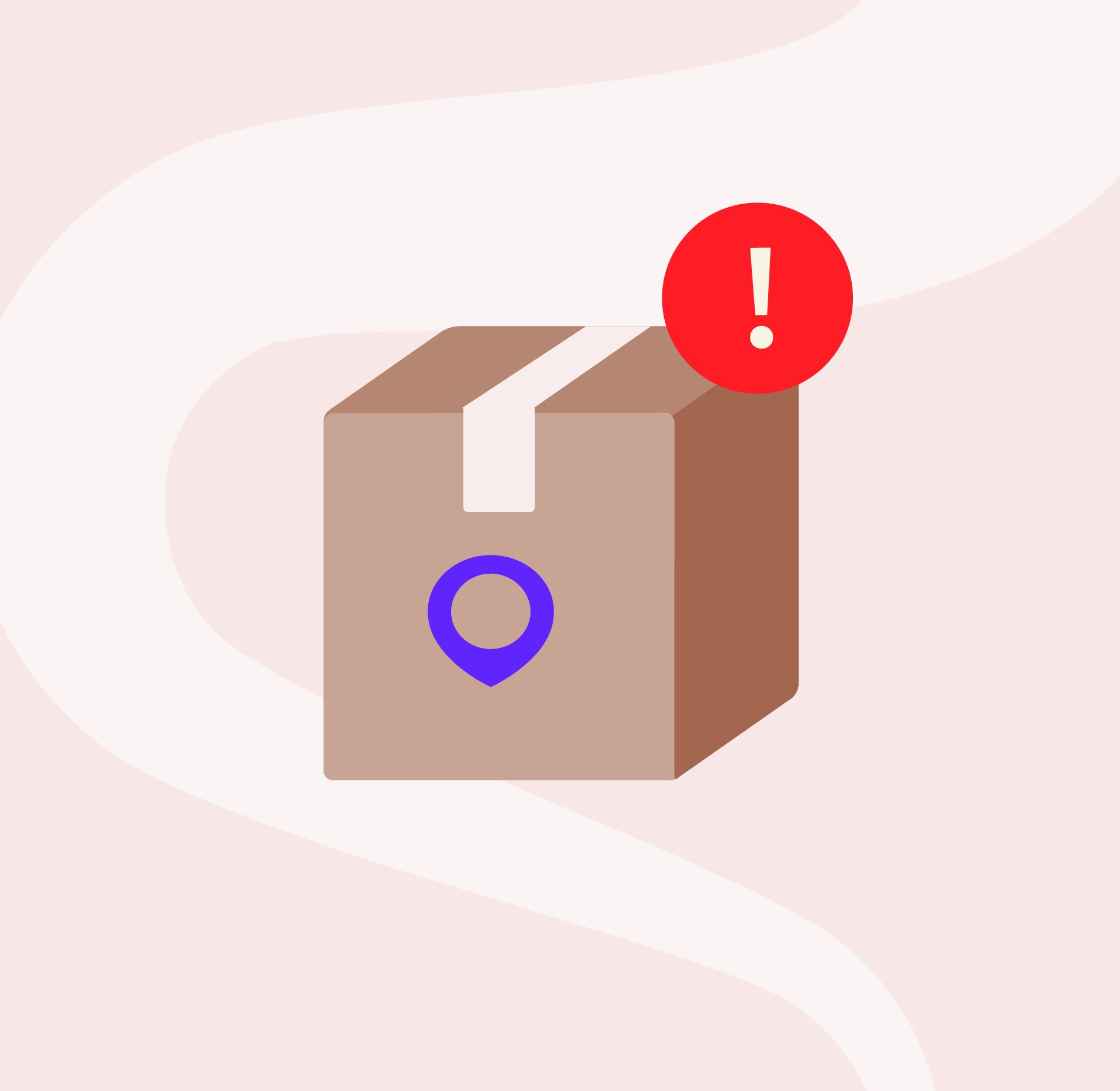Package box with a location pin icon and a red alert symbol indicating a delivery issue or exception.