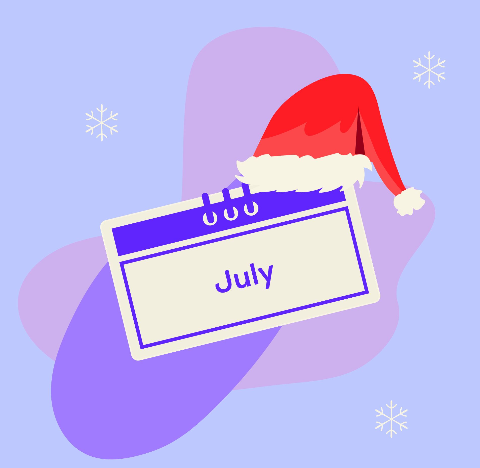 Illustration of a July calendar page wearing a Santa hat, symbolizing Christmas in July shipping promotions.
