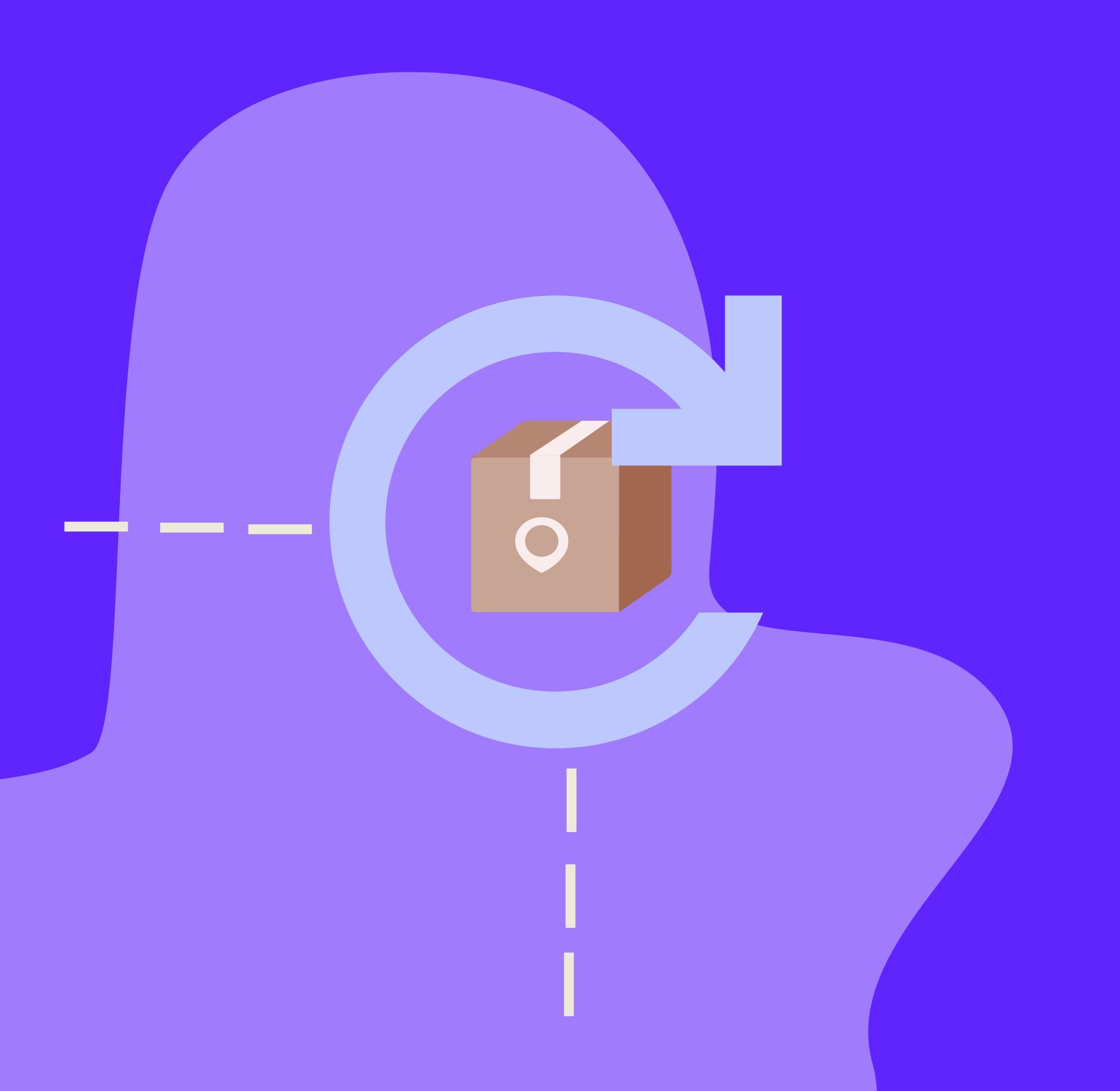 Illustration of a package with a location pin icon inside a circular tracking arrow, symbolizing shipment tracking and delivery routes.