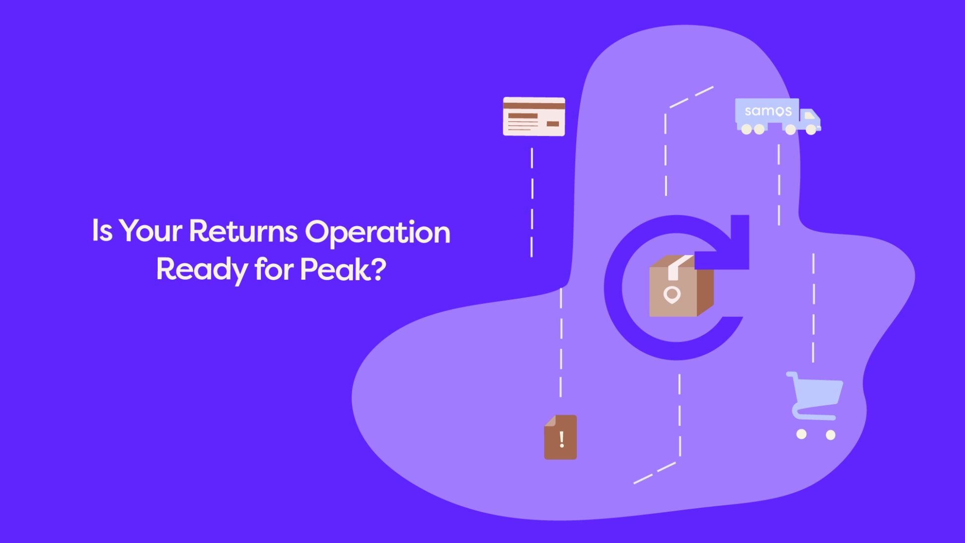 Icons of a payment card, delivery truck, shopping cart, and package linked by a returns cycle symbol, illustrating peak season returns readiness.