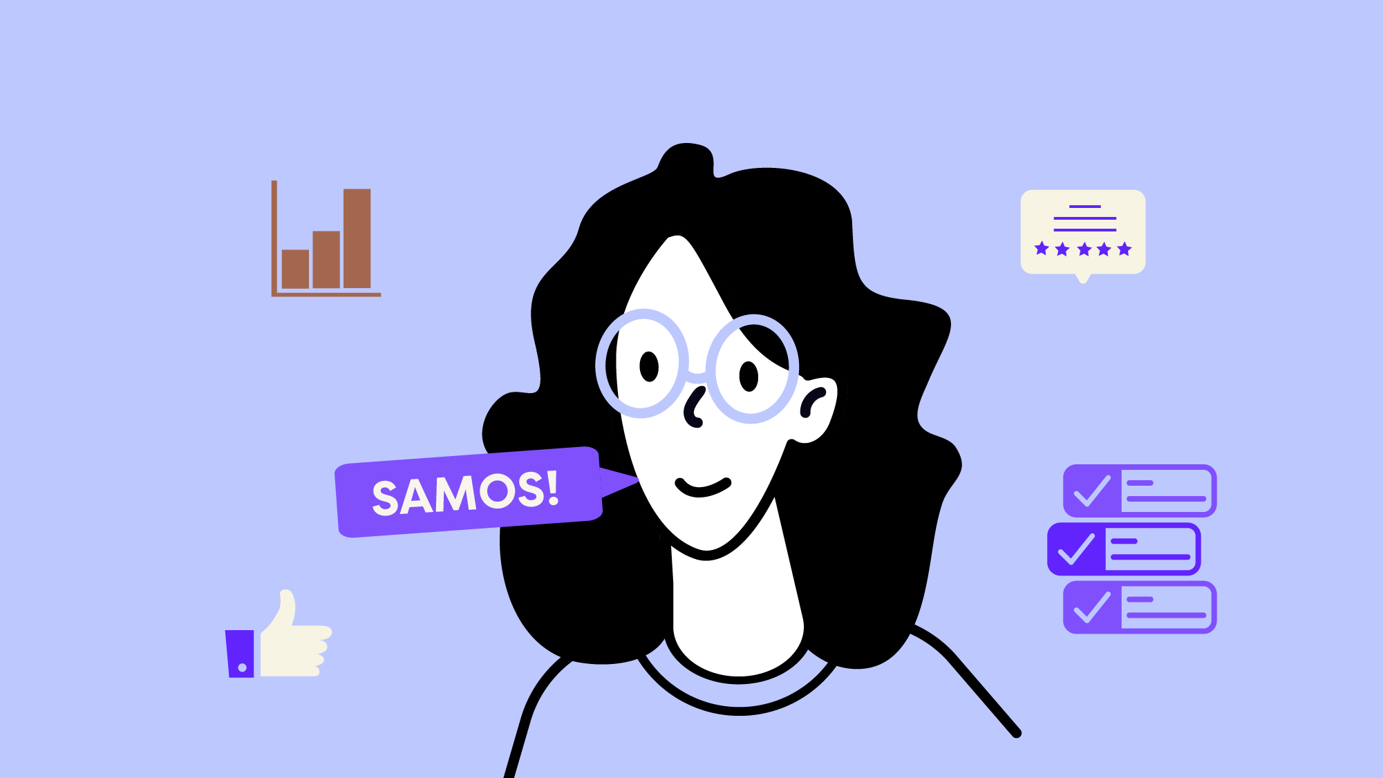 Illustration of a happy customer endorsing Samos returns service, surrounded by icons representing positive reviews, satisfaction checklists, increased performance, and customer approval, on a light blue background.