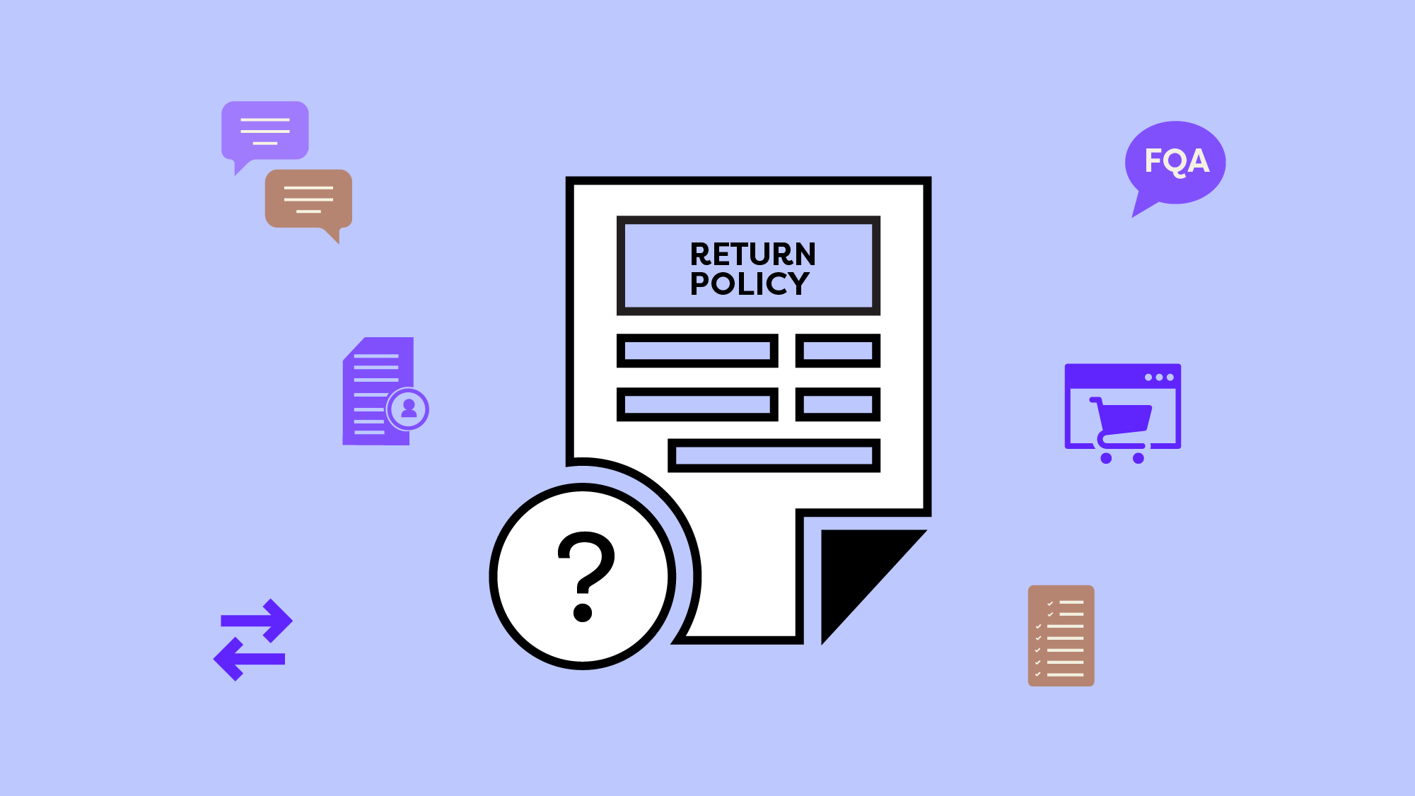 Illustration of a return policy document with a question mark icon, surrounded by icons representing customer support, FAQs, online shopping, user information, and returns on a light blue background.
